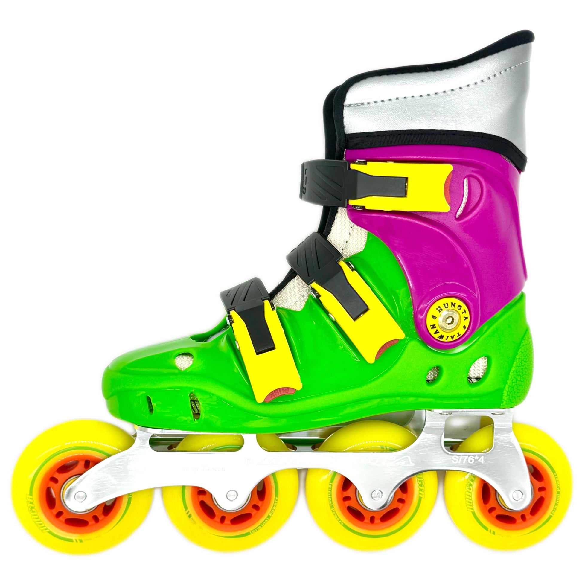 HUNGTA green inline skates – lightweight aluminum frame, made in Taiwan